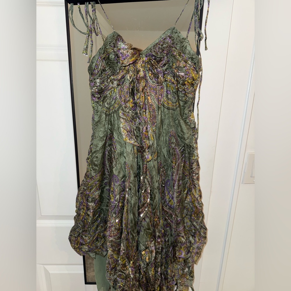 Vintage 90s silk paisley green fairy dress - Picture 3 of 12